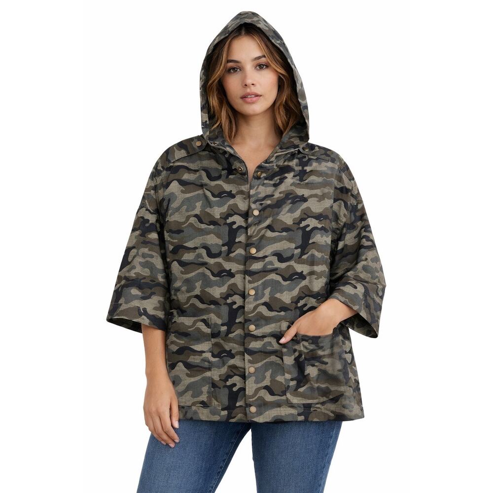 Sugarlips Green & Black Camo Print Jacket 3/4 Sleeves Boxy Lightweight Size XS